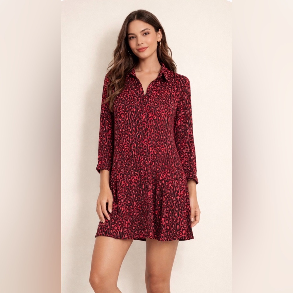 ZARA TRF Red and Black Leopard Print Shirt Dress, Size M, fits like a small